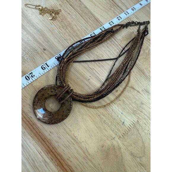 Cookie Lee Multi-Strand Brown Glass Bead Necklace W/ Acrylic Circle Pendant Boho - Picture 6 of 11